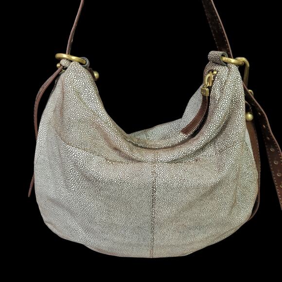 Hobo Slouchy Stingray Shoulder Bag Brown Shagreen Glaze Leather Curved Crossbody - Picture 12 of 16